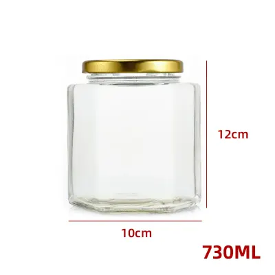 FRASCO DE VIDRIO HEXAGONAL CON TAPA ALUMINIO DORADO 730ML | 45 UNID1