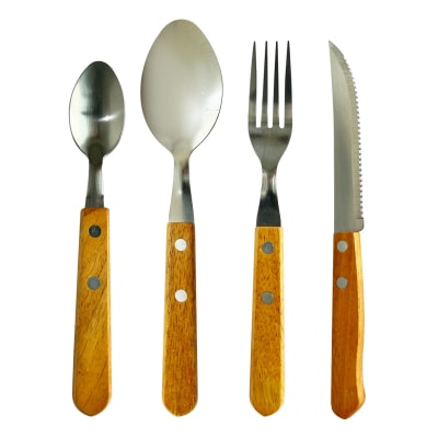 SET DE CUBIERTOS DE 4 PIEZAS ACERO INOXIDABLE Y MANGO DE MADERA | 12 UNID1