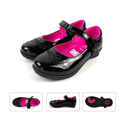 ZAPATO CHAROL NEGRO NIÑA BORDADO CON CORREA VELCRO 25-301