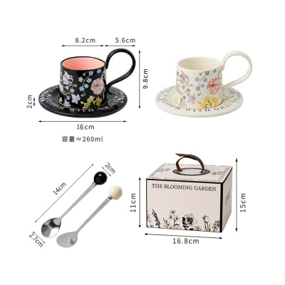 SET TAZA FLORAL 7.5×6.3 CM + PLATO 16 CM + CUCHARA | VENTA POR MAYOR1