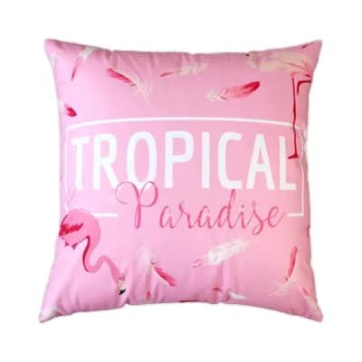 COJIN DECORATIVO ESTAMPADO FLAMENCO PLUMAS COLORES ROSADO 43X43CM | 6 UNID1