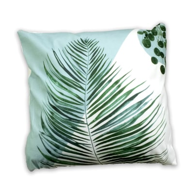 COJIN DECORATIVO ESTAMPADO HOJA FONDO CELESTE/BLANCO 43X43CM | 6 UNID1