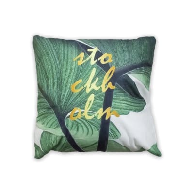 COJIN DECORATIVO ESTAMPADO HOJAS LETRAS DORADAS 43X43CM | 6 UNID1