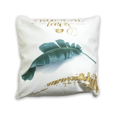 COJIN DECORATIVO ESTAMPADO FONDO BLANCO HOJA LETRAS DORADAS 43X43CM | 6 UNID1