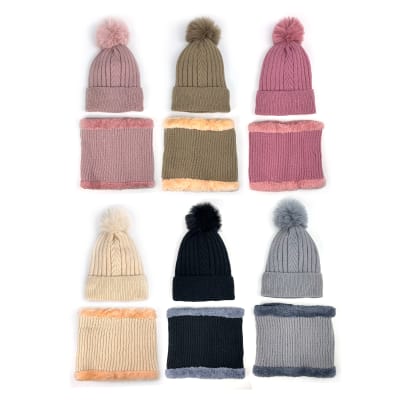 GORRO DE MUJER CON CUELLO LISO SURTIDO TEJIDO PON PON 21X22CM | 12 UNID1