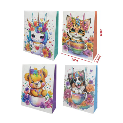 BOLSA REGALO  CON DISEÑO DE GATITO, PERRITO, UNICORNIO Y OSITO 18X24X8.5CM1