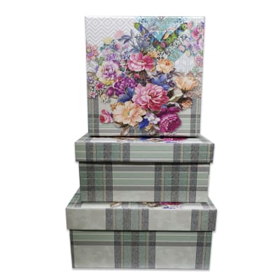 SET 3 CAJAS DE REGALO DISEÑO FLORES CON CUADROS GRIS | 12 UNID1