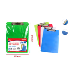 TABLA DE APOYO COLOR LISO CON PINZA SUJETADOR 31.5X22.5CM A4 | 24 UNID