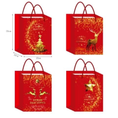 BOLSA DE REGALO NAVIDAD FONDO ROJO DECORACION DORADA  23X18X10CM | 12 UNID