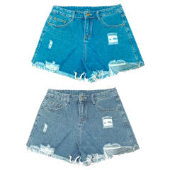 SHORT JEANS PAR MUJER SIN ELASTICO CON DISEÑO DESGASTADO