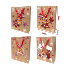BOLSA DE REGALO NAVIDAD CAFÉ ADORNOS ROJO 18X8.5X24CM 