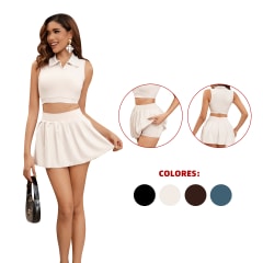 CONJUNTO POLERA MUJER SIN MANGAS ESTILO PIQUE Y  FALDA M/L/XL