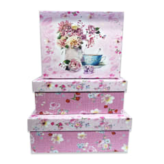 SET 3 CAJAS DE REGALO DISEÑO FLORES FONDO ROSADO | 12 UNID