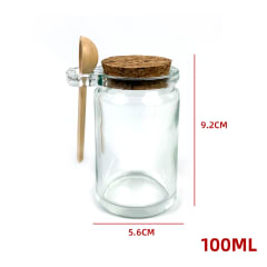 FRASCO DE VIDRIO CON TAPA  CORCHO   Y  CUCHARA DE MADERA 100 ML