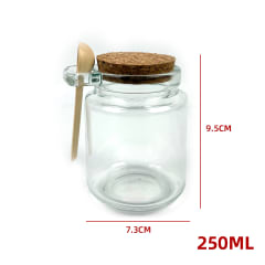 FRASCO DE VIDRIO CON TAPA  CORCHO   Y  CUCHARA DE MADERA 250 ML