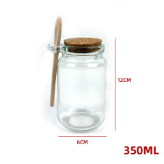 FRASCO DE VIDRIO CON TAPA  CORCHO   Y  CUCHARA DE MADERA 350 ML