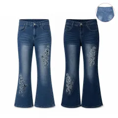 JEANS PALAZZO ELASTICADO MUJER BORDADO MARIPOSA TALLAS  38 40 42 44 46