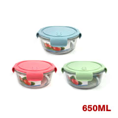 CONTENEDOR HERMÉTICO VIDRIO REDONDO 650 ML | COLORES SURTIDOS