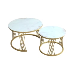 Set 2 Mesas Centro Circular Doradas Diseño Marmol Blanco 70X70 - 50X50 cm