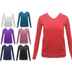 CAMISETA DE MUJER POLAR COLOR SOLIDO CUELLO V | 12 UNID