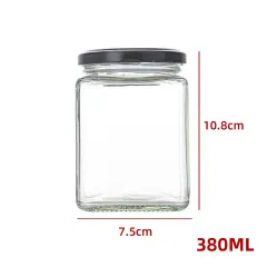 FRASCO DE VIDRIO CUADRADO CON TAPA ALUMINIO NEGRO 380 ML