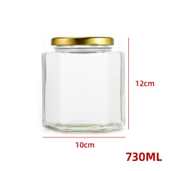 FRASCO DE VIDRIO HEXAGONAL CON TAPA ALUMINIO DORADO 730ML | 45 UNID