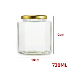 FRASCO DE VIDRIO HEXAGONAL CON TAPA ALUMINIO DORADO 730ML | 45 UNID