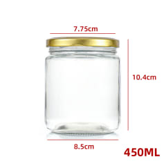 FRASCO DE VIDRIO CON TAPA ALUMINIO  DE COLOR DORADO  CAPACIDAD 450 ML