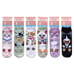 CALCETA NIÑA MEDIA CAÑA CON DISEÑO DE GATO T04 | 12 UNID