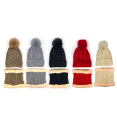 GORRO DE MUJER CON CUELLO LISO  TEJIDO PERLAS PON PON 21X22CM | 12 UNID
