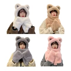 GORRO DE MUJER CON BUFANDA Y GUANTES 3 EN 1 OREJAS DE OSO TALLA UNICA | 12 UNID