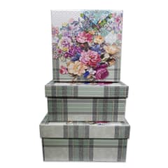 SET 3 CAJAS DE REGALO DISEÑO FLORES CON CUADROS GRIS | 12 UNID