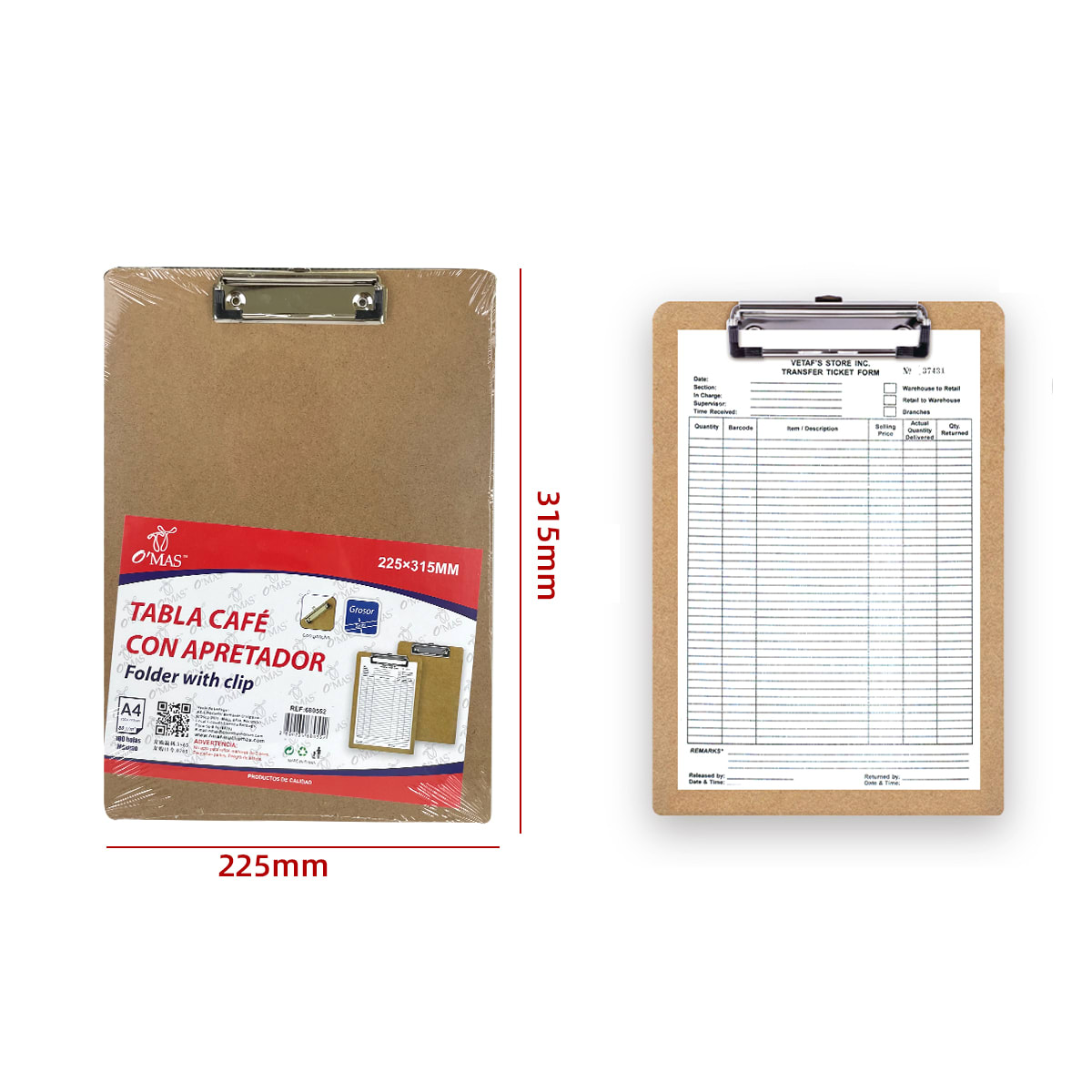 TABLA DE APOYO CON PINZA SUJETADOR MDF 31.5X22.5CM A4| 24 UNID 0