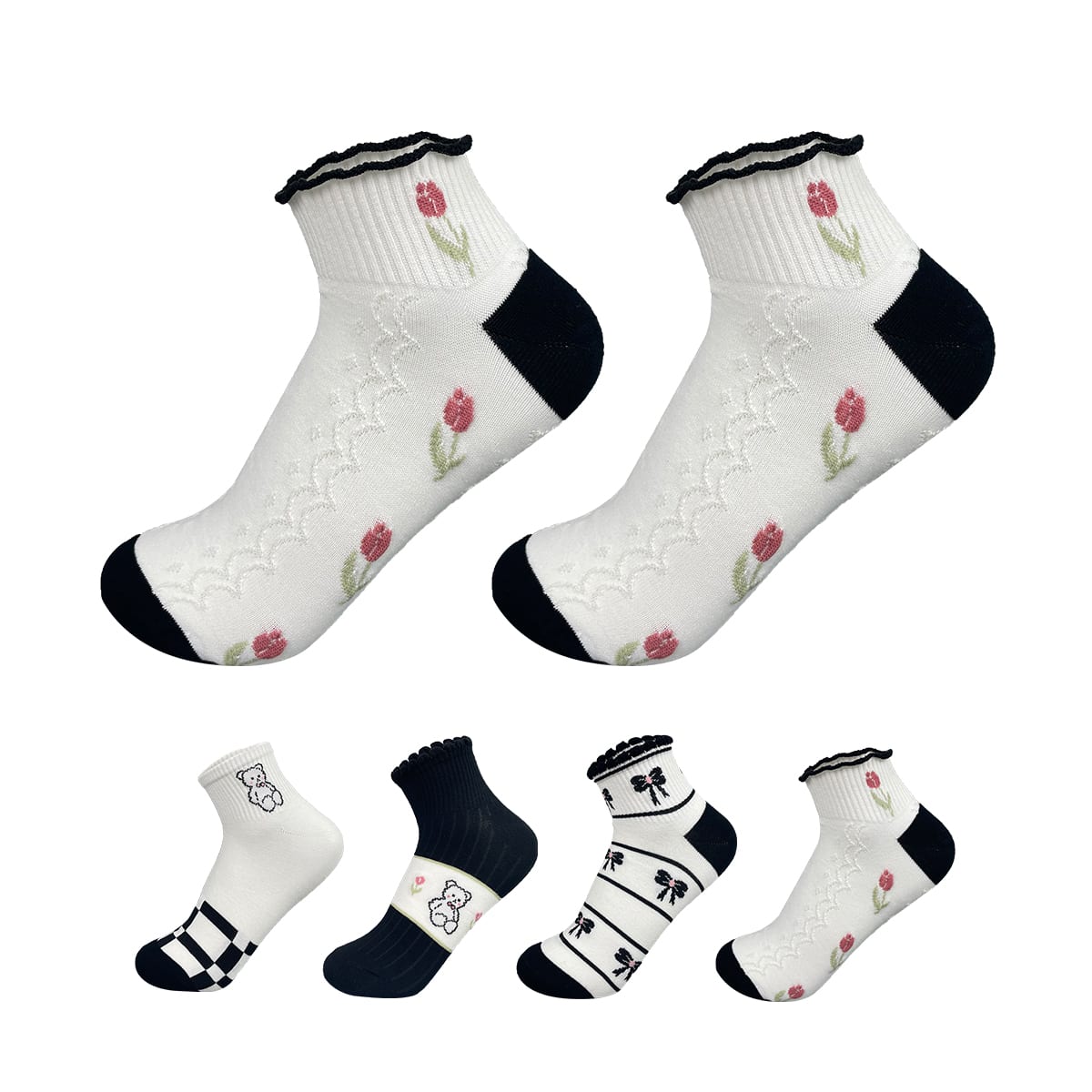 CALCETINES DE MUJER FLORES/NEGRO SIN REMARRADO ALGODÓN | 12 UNID 0