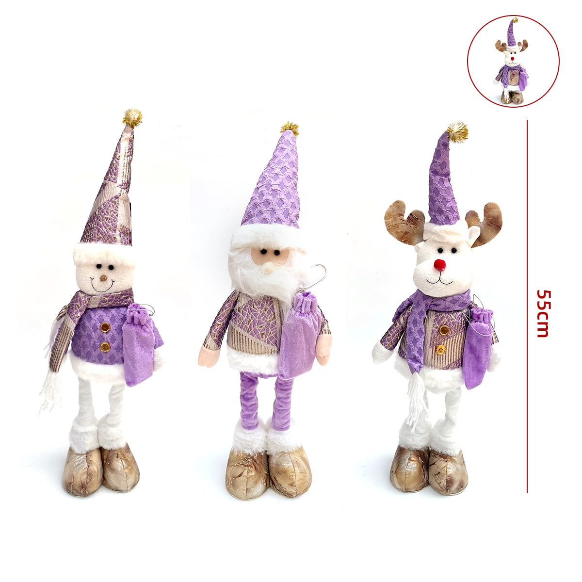 MUÑECO DE NAVIDAD PATAS LARGAS RETRATIL CON LUCES Y SONIDO LILA 55CM 0