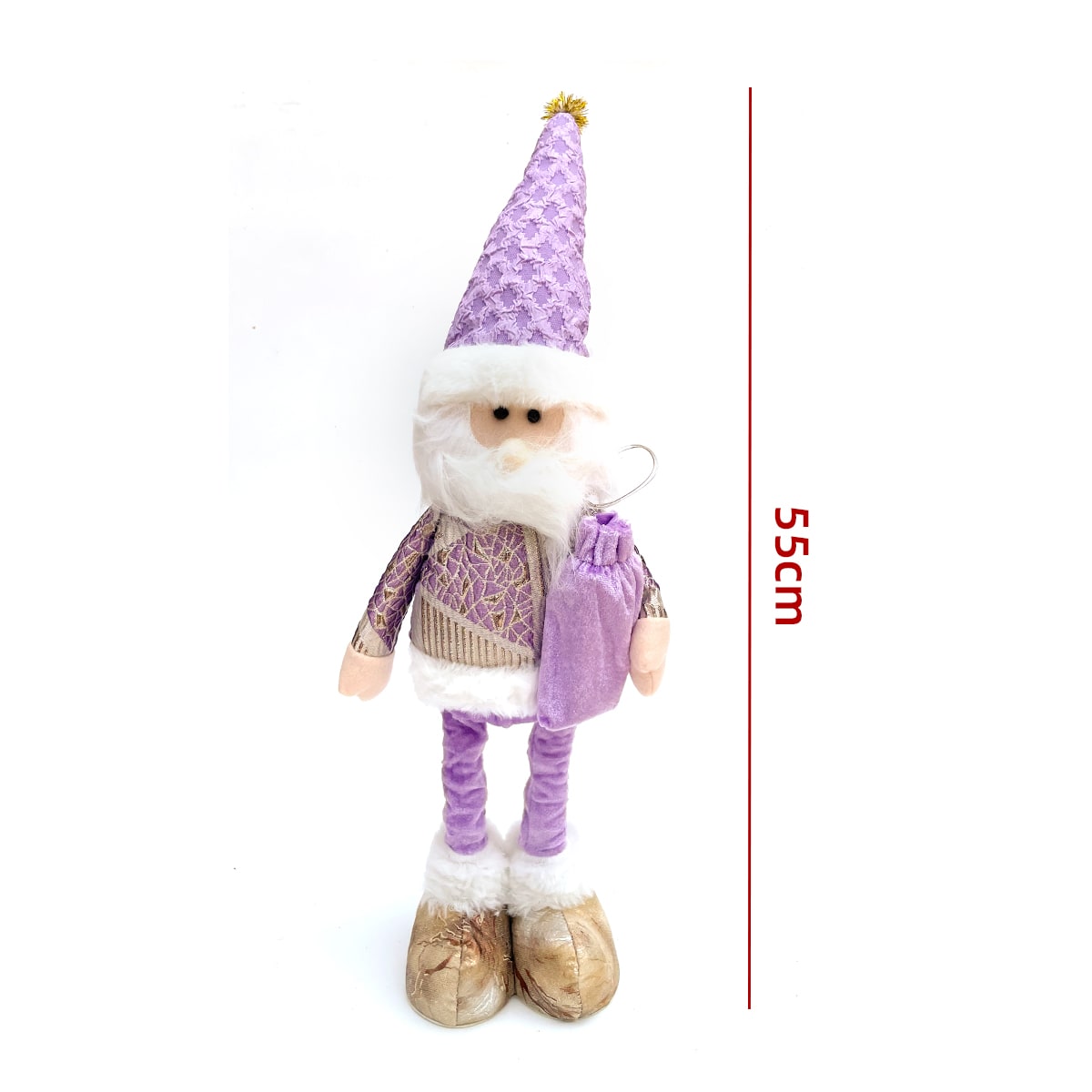 MUÑECO DE NAVIDAD PATAS LARGAS RETRATIL CON LUCES Y SONIDO LILA 55CM2