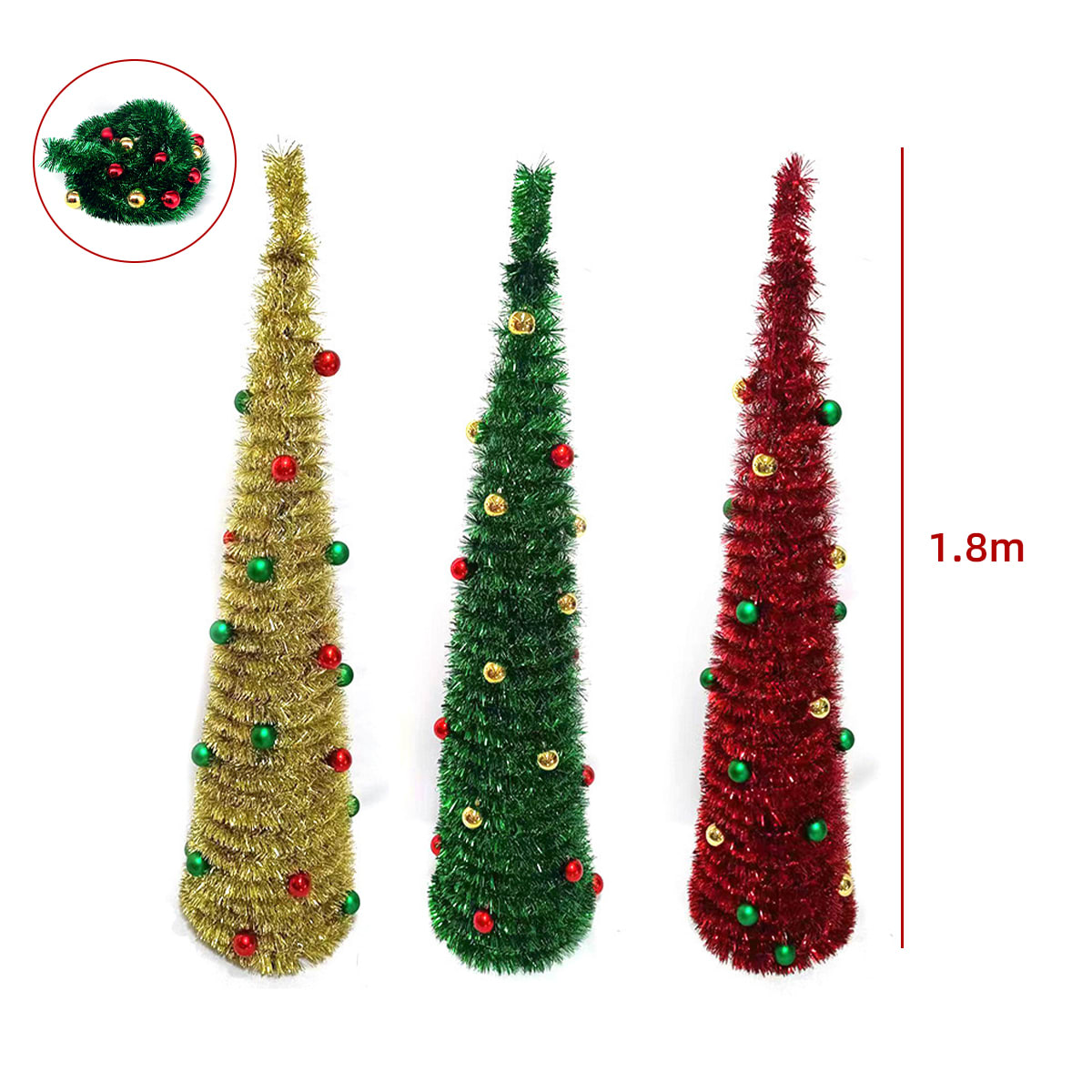 ARBOL DE NAVIDAD PLEGABLE COLORES SURTIDOS CON ESFERAS 1.8M 0