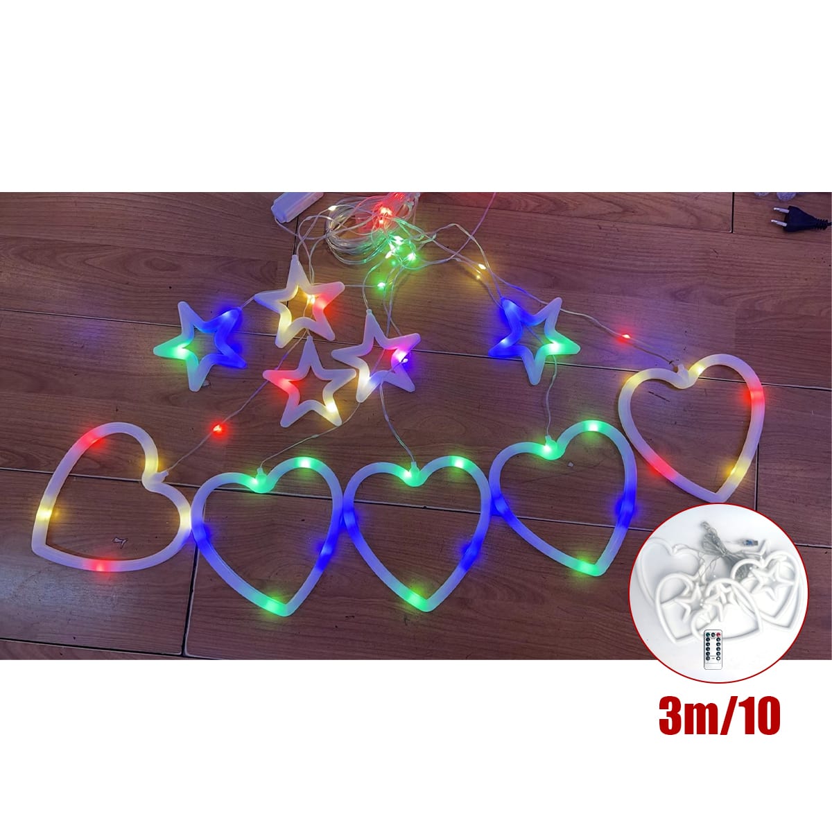 Luces Navidad Cortina 10 Estrellas y Corazones USB y control remoto 3M1