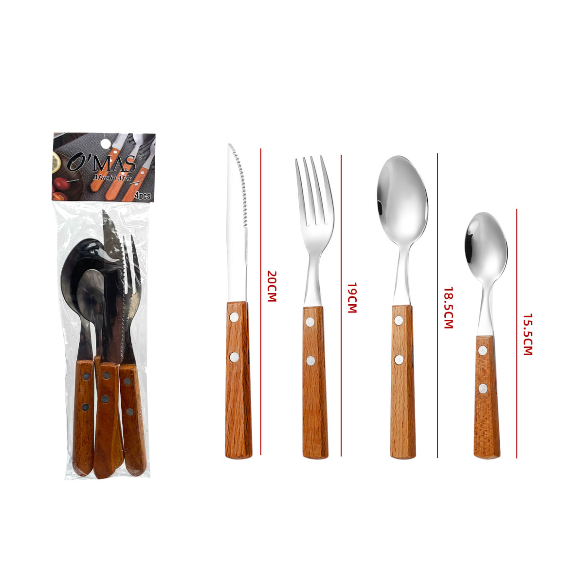 SET DE CUBIERTOS DE 4 PIEZAS ACERO INOXIDABLE Y MANGO DE MADERA | 12 UNID2