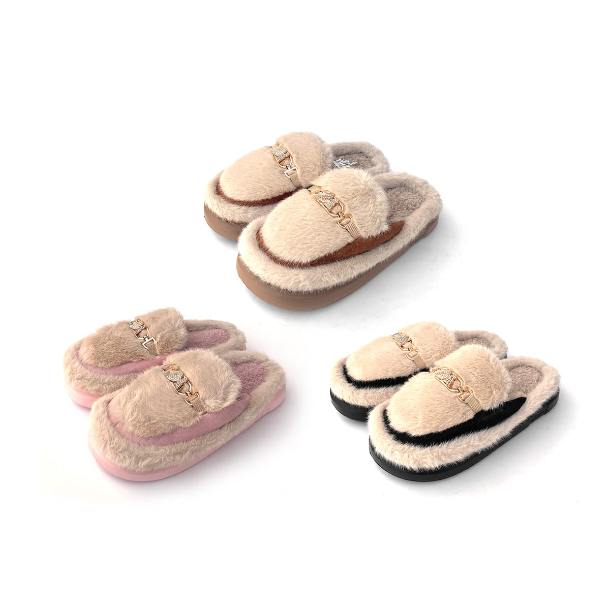PANTUFLA MOCASIN PELUDO, ORNAMENTO DORADO 36-412