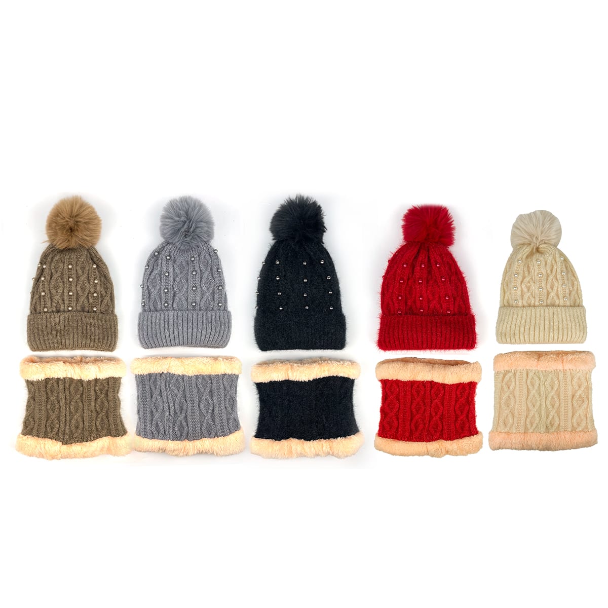 GORRO DE MUJER CON CUELLO LISO  TEJIDO PERLAS PON PON 21X22CM | 12 UNID 0