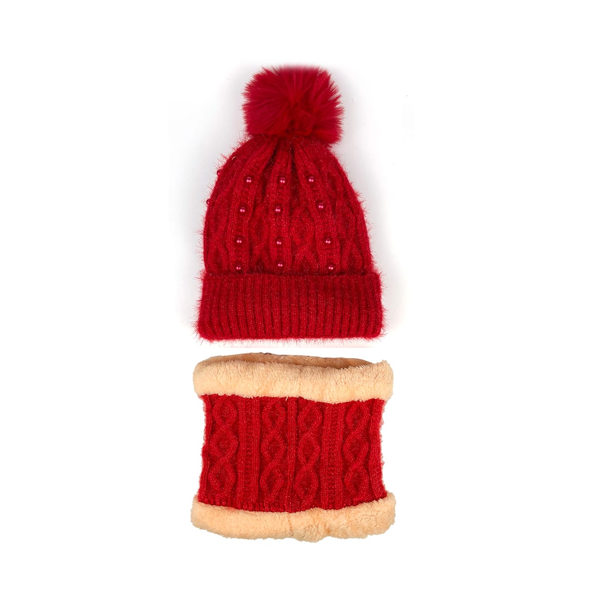 GORRO DE MUJER CON CUELLO LISO  TEJIDO PERLAS PON PON 21X22CM | 12 UNID2