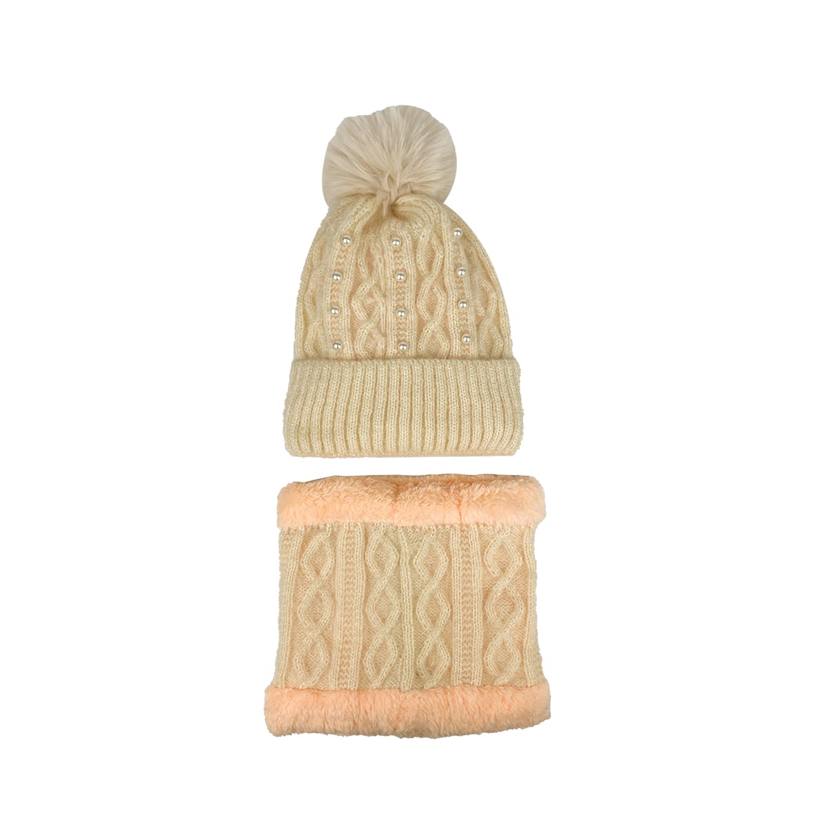 GORRO DE MUJER CON CUELLO LISO  TEJIDO PERLAS PON PON 21X22CM | 12 UNID3