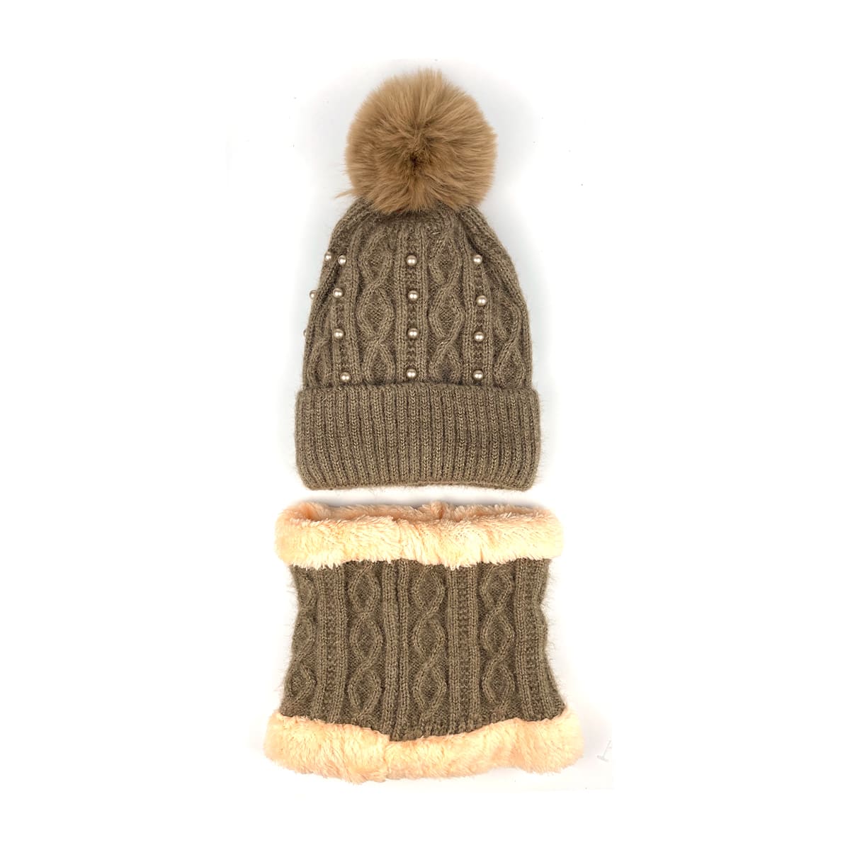 GORRO DE MUJER CON CUELLO LISO  TEJIDO PERLAS PON PON 21X22CM | 12 UNID4