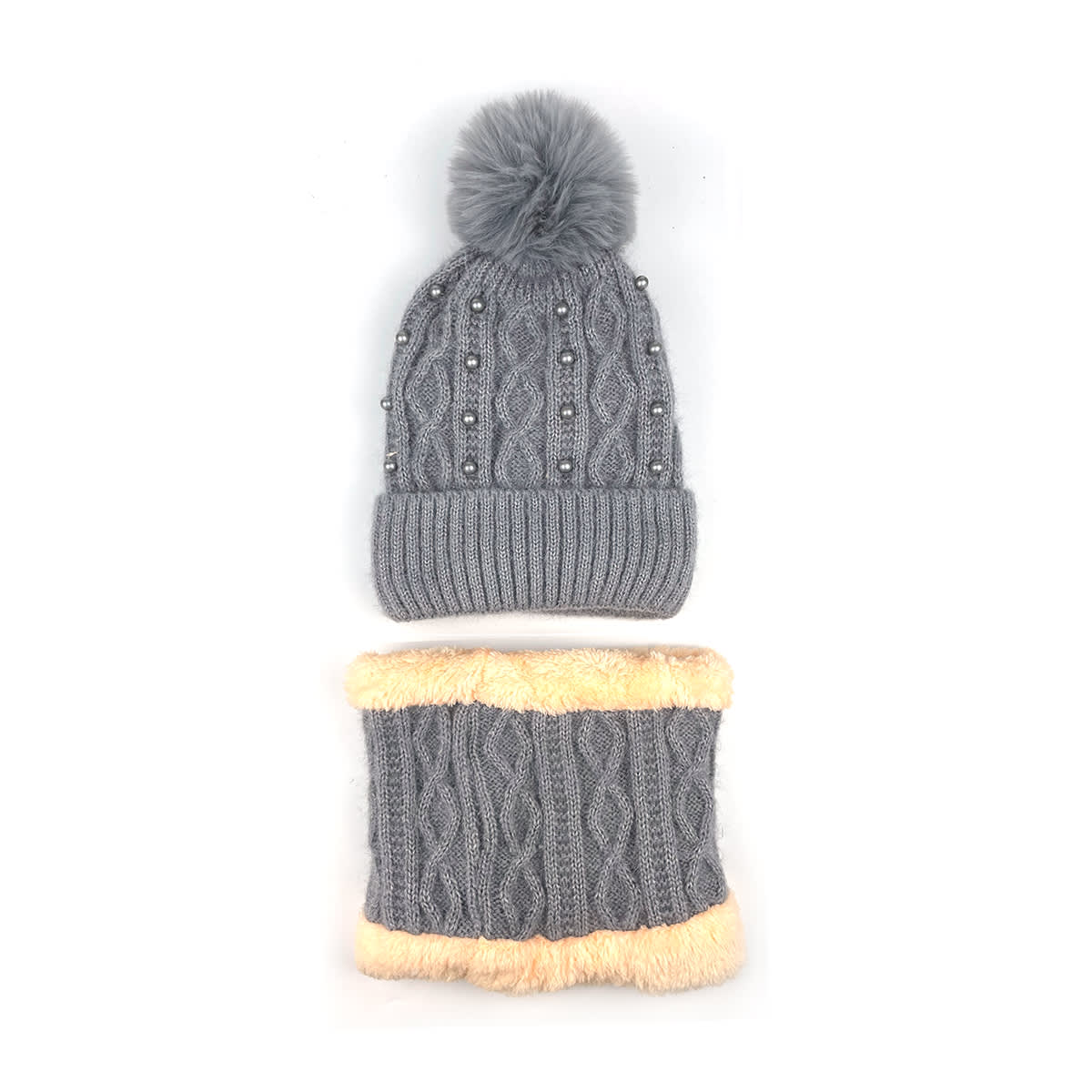 GORRO DE MUJER CON CUELLO LISO  TEJIDO PERLAS PON PON 21X22CM | 12 UNID5