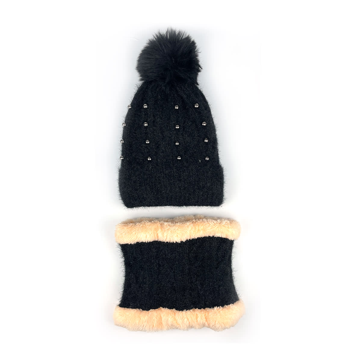 GORRO DE MUJER CON CUELLO LISO  TEJIDO PERLAS PON PON 21X22CM | 12 UNID6