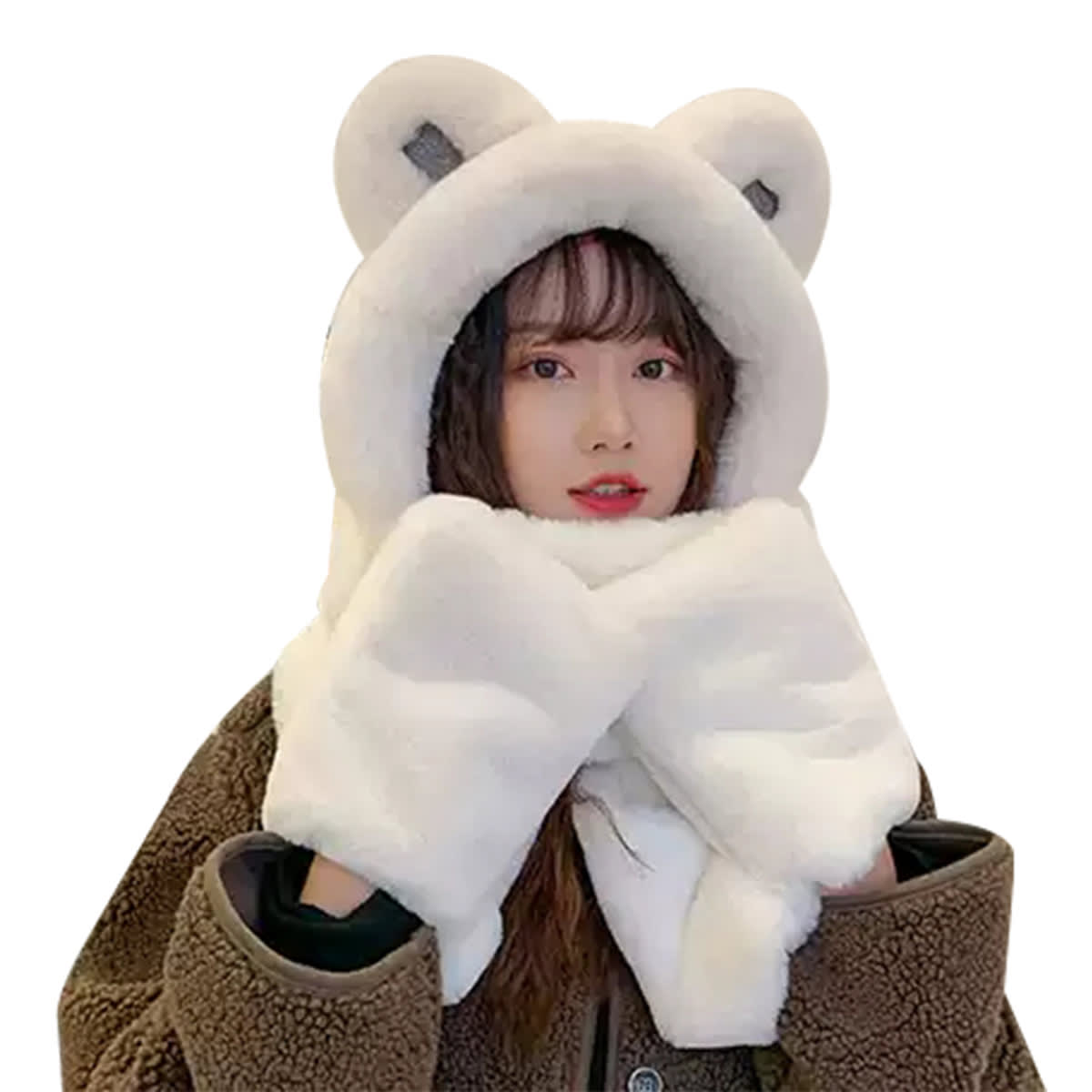 GORRO DE MUJER CON BUFANDA Y GUANTES 3 EN 1 OREJAS DE OSO TALLA UNICA | 12 UNID5