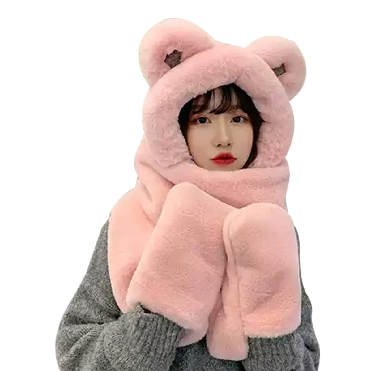 GORRO DE MUJER CON BUFANDA Y GUANTES 3 EN 1 OREJAS DE OSO TALLA UNICA | 12 UNID4