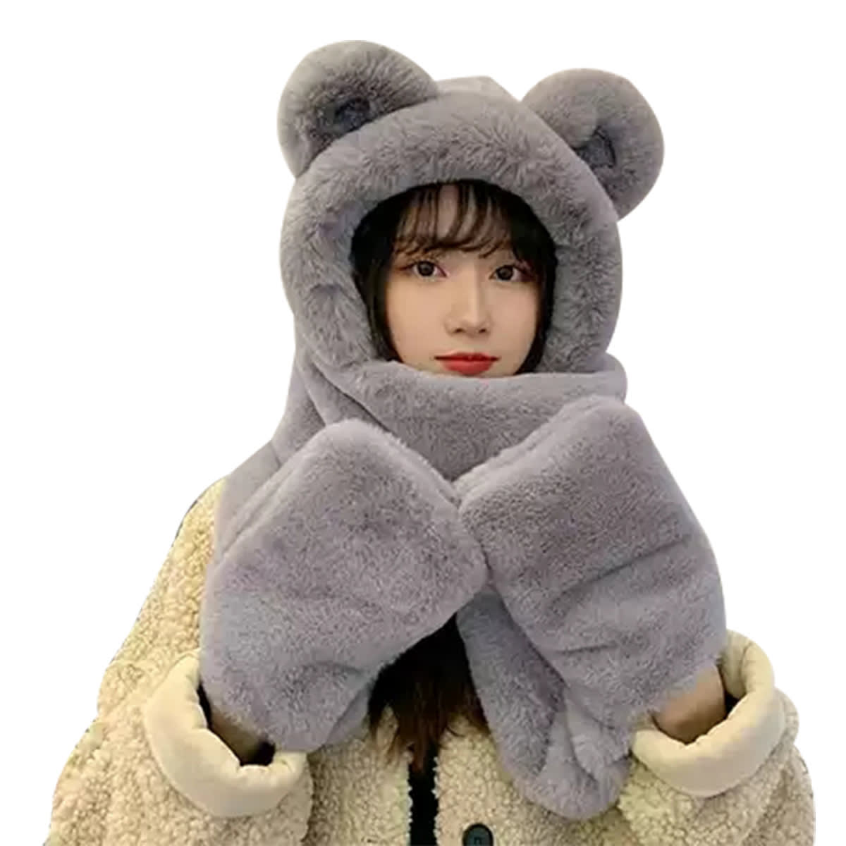 GORRO DE MUJER CON BUFANDA Y GUANTES 3 EN 1 OREJAS DE OSO TALLA UNICA | 12 UNID3