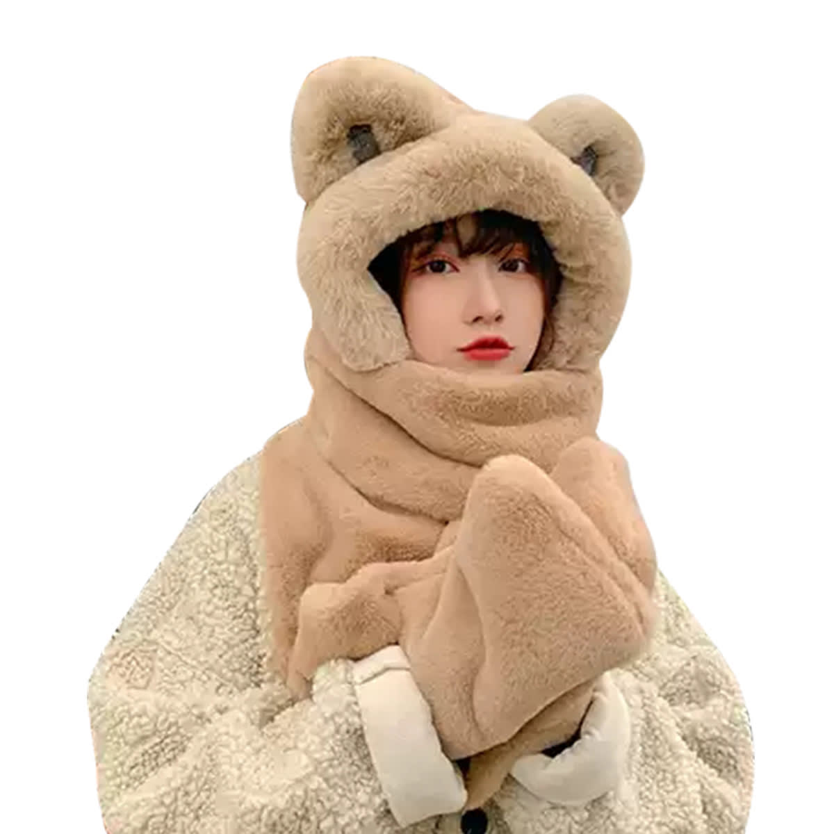 GORRO DE MUJER CON BUFANDA Y GUANTES 3 EN 1 OREJAS DE OSO TALLA UNICA | 12 UNID2